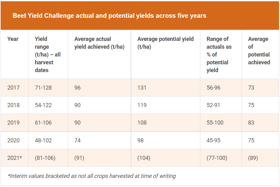Beet Yield Challenge actual and potential yields across five years.png