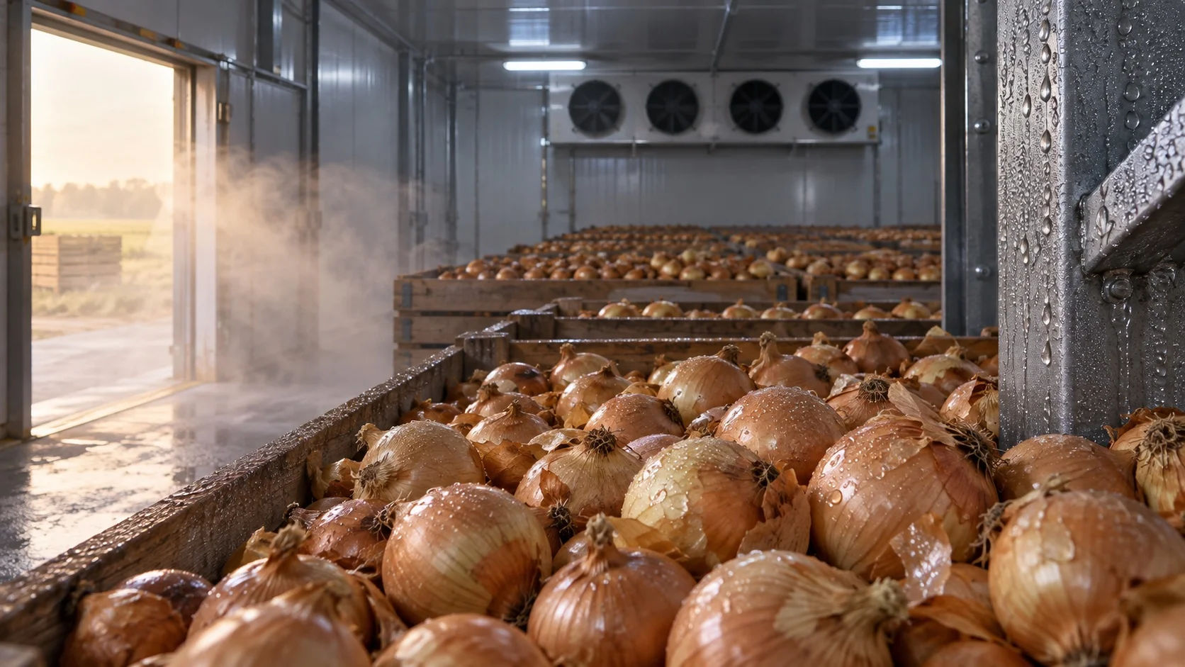 Condensation forming in an onion storage chamber after warm humid air enters