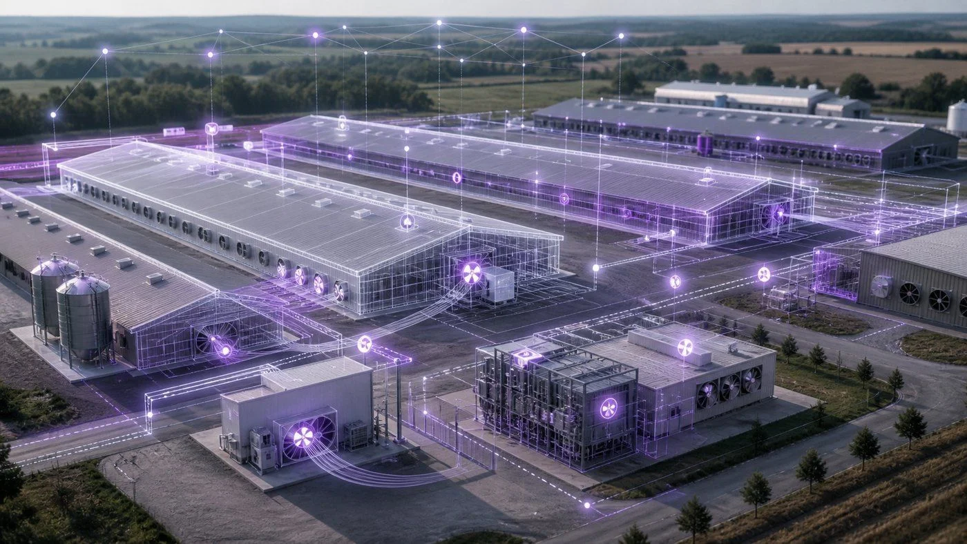A production site with a digital twin layer connecting equipment, climate and operational data
