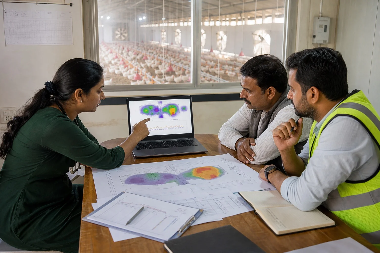 Poultry veterinarian, farm owner and ventilation engineer reviewing flock behaviour analytics