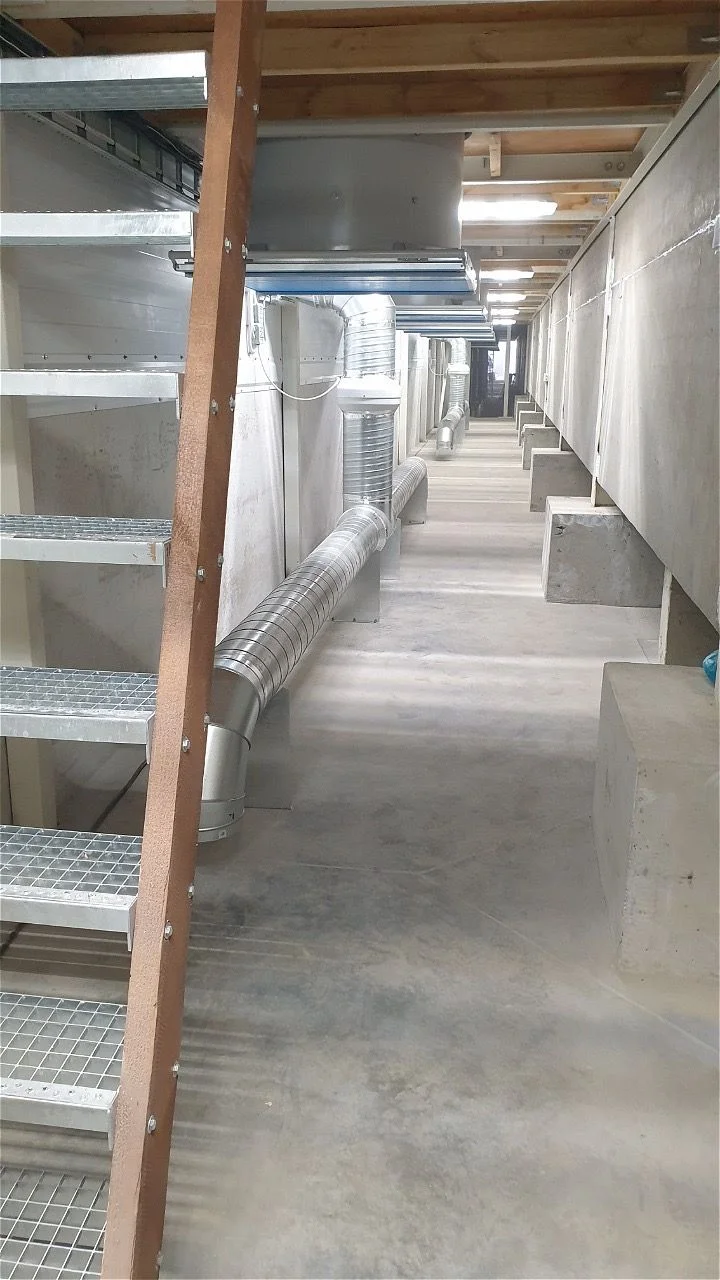 CO2 removal ductwork installed in a container vegetable storage corridor