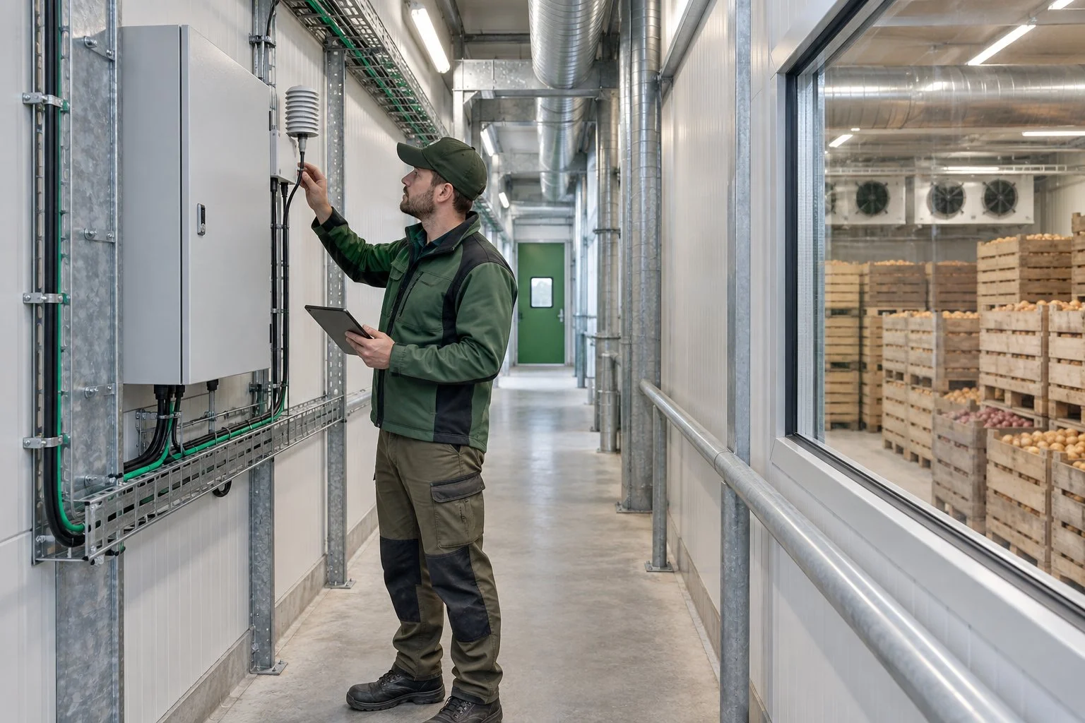 Illustration of an agricultural engineer inspecting monitoring equipment beside a crop storage room