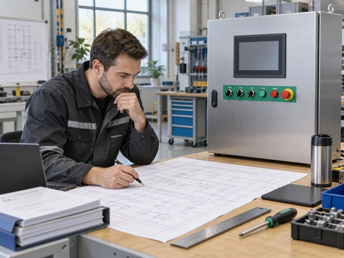 Illustration of an automation engineer reviewing drawings beside a control cabinet