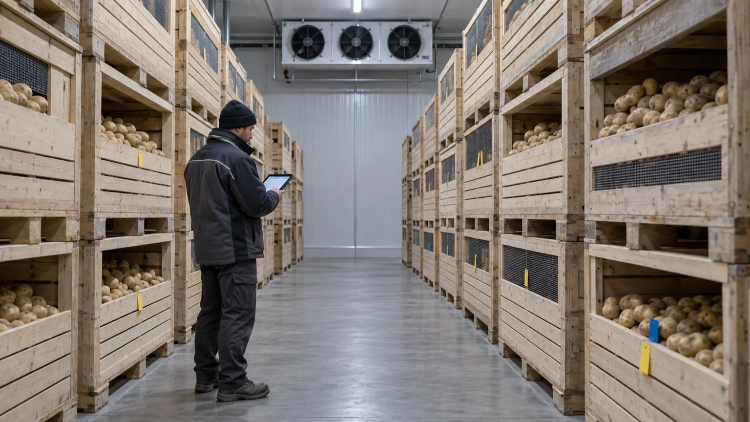 Seed potato lots stored in ventilated boxes inside a controlled cold room