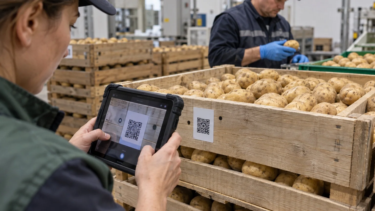 Operator scanning a QR-coded seed potato lot during inspection